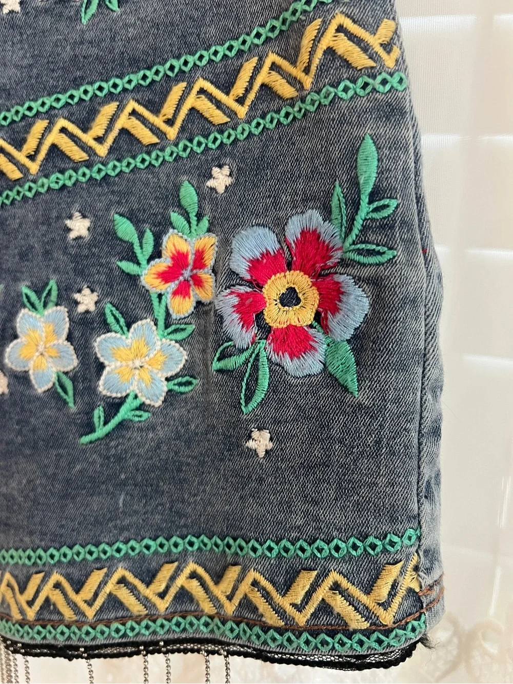 Savanna Jane Denim Floral Embroidered Womens Large Colorful Boho Tight Skirt